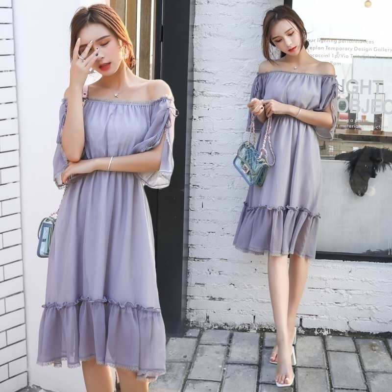 2019 new seaside holiday skirt Chiffon one-word shoulder beach skirt short bra open shoulder open dr