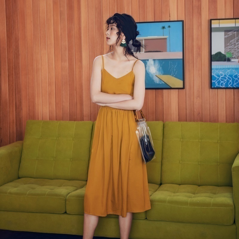Retro open waist ginger yellow dress watch out for long open back vacation sand beach sling Skirt-91