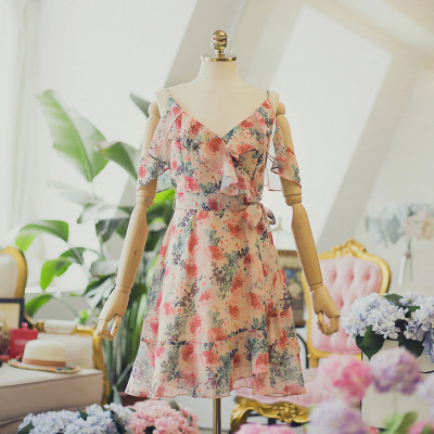 Ladies summer ruffle slip dress v-neck floral chiffon dress holiday dress