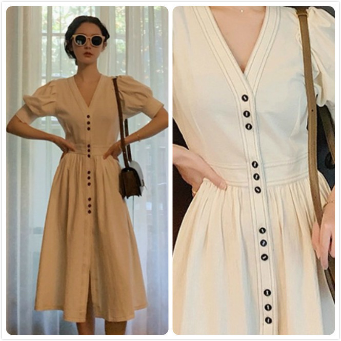 [Shih Chuan]2021 French retro little fairy short-sleeved slim design skirt cool and thin summer new plus size dress