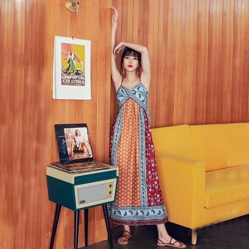 National Wind Sling dew back dress summer seaside holiday beach skirt woman Posimiago waist vest lon