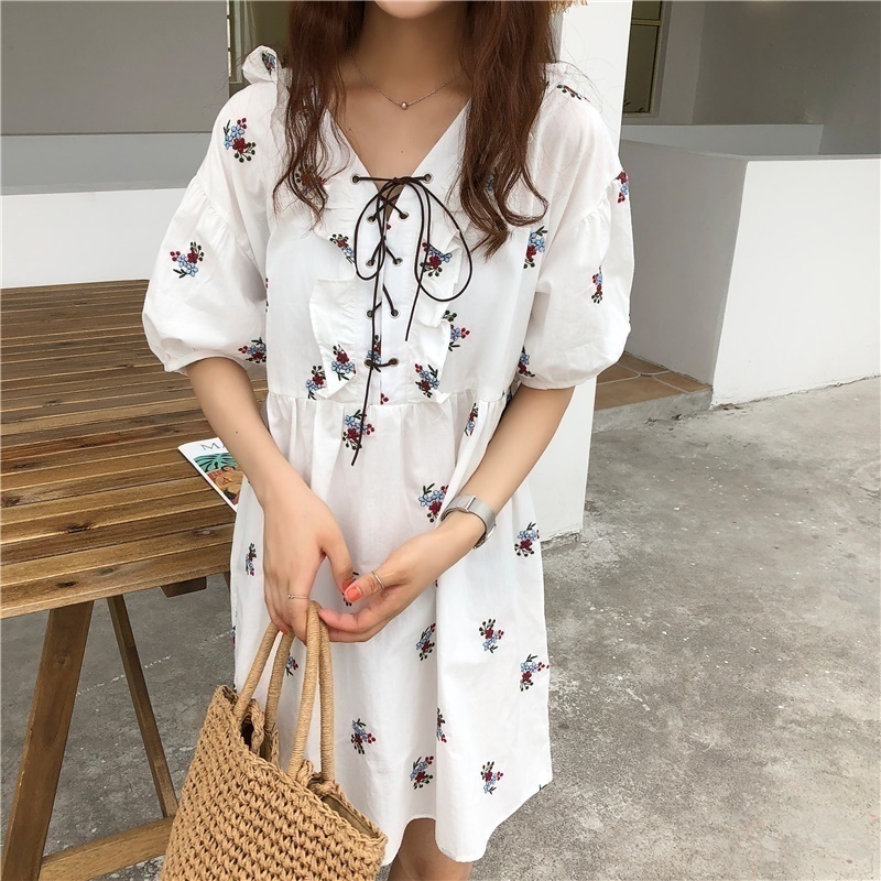 korean style ulzzang embroidery shredded flower strap doll dress