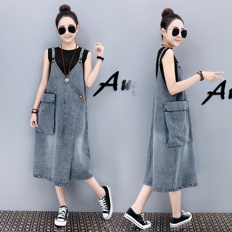 Spring Cowboy strap skirt female conjoined skirt loose big size show slim big pocket strap art casua