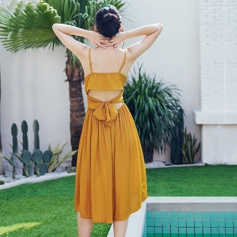 2019 Summer new Open waist ginger yellow dress Fairy careful machine in long open back vacation sand