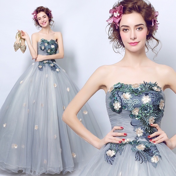 Dimensional Floral Strapless Ball Gown Dress Gray Prom Festival Party Stage Performance Dress