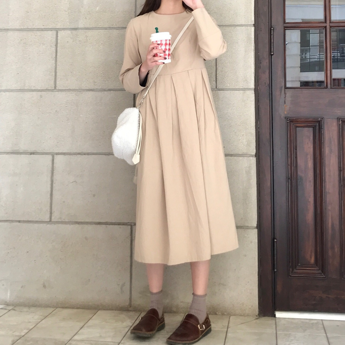 korean style ulzzang long sleeve dress pure color hundred-fold doll pleated bottom dress umbrella sk