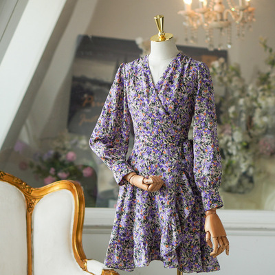 French elegant V-neck ruffle strape floral dress lady dress