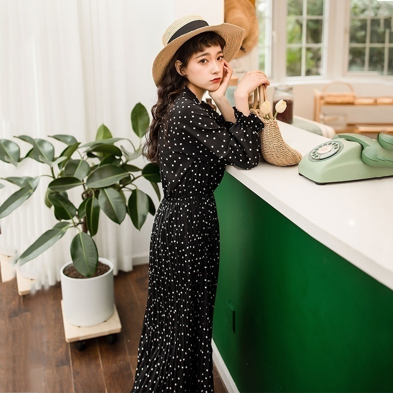 5855# 2019 butterfly knot strap Chiffon wave point long sleeve skinny waist dress female pleated ski