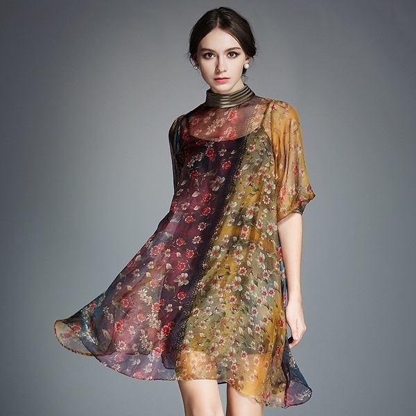 2016 spring summer new large swing skirt loose tie loose mouth collar waist silk dress