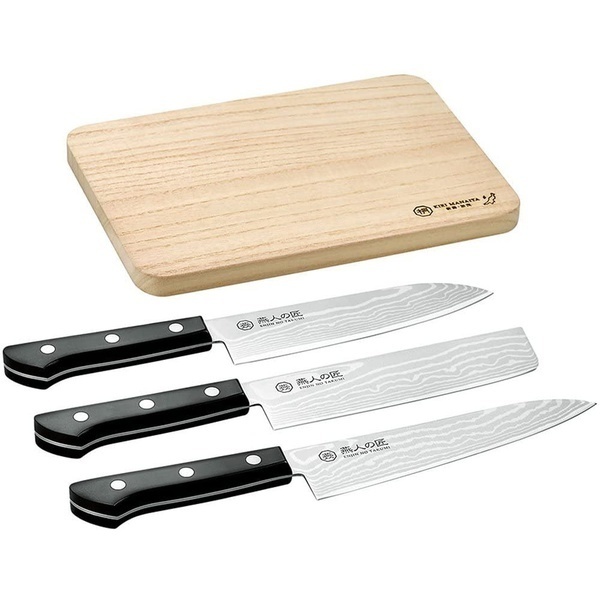 Japan Direct Delivery Yokoyama Lover's Craftsman Damascus Kasumi-ryusa Knife Set of 3 (Santoku Knife, Shredder Knife, Udo Knife) Paulownia Chopping Board ETK -5000