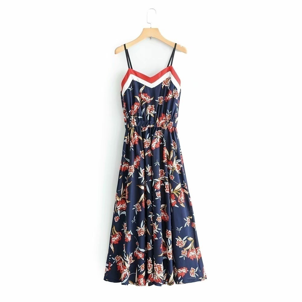Holiday Wind dress ~2019 new foreign Trade Tail single red flower leaf print back sling dress