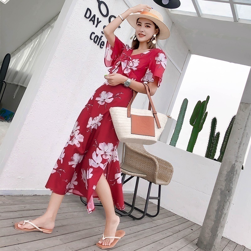 heart skirt design sense v collar red shredded flower long skirt tea break Chiffon holiday dress wom