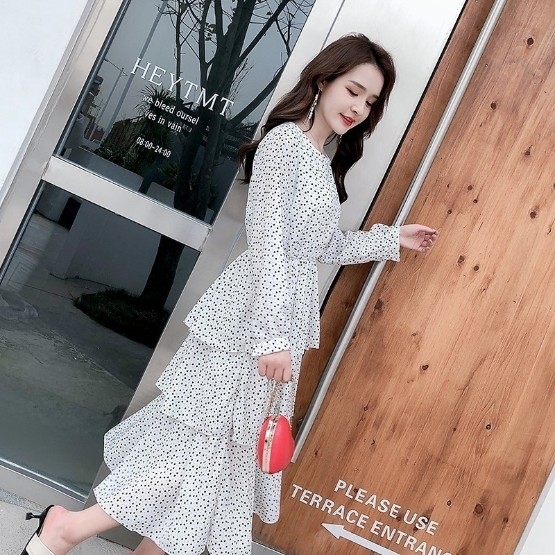 shoot 2019 new korean style retro wave point high waist cake dress girl
