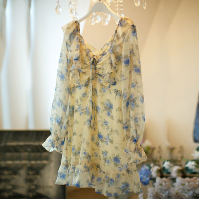 Long sleeve floral dress v-neck chiffon slim waist dress