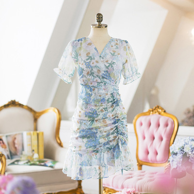 V-neck slim high waist dress short sleeve skirt floral chiffon skirt