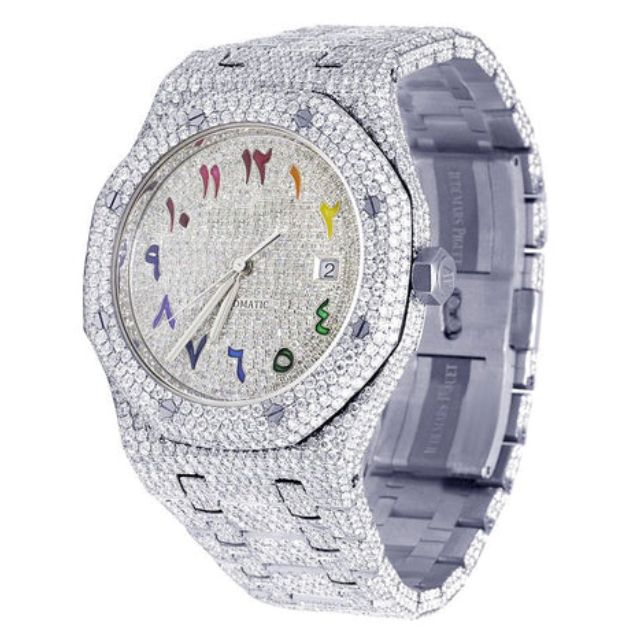 Natural Diamond Full Iced Out Men Wrist Luxury,Custom White Gold Plated Arabic Font 42mm Men Watch