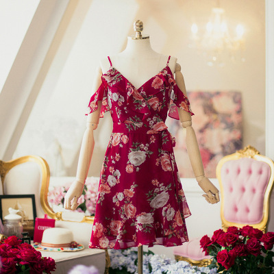 Summer ladies slip dress floral chiffon chic ruffle skirt