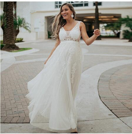 Dress ball gown long once beautiful long V-neck tulle lace applique sleeveless A-line