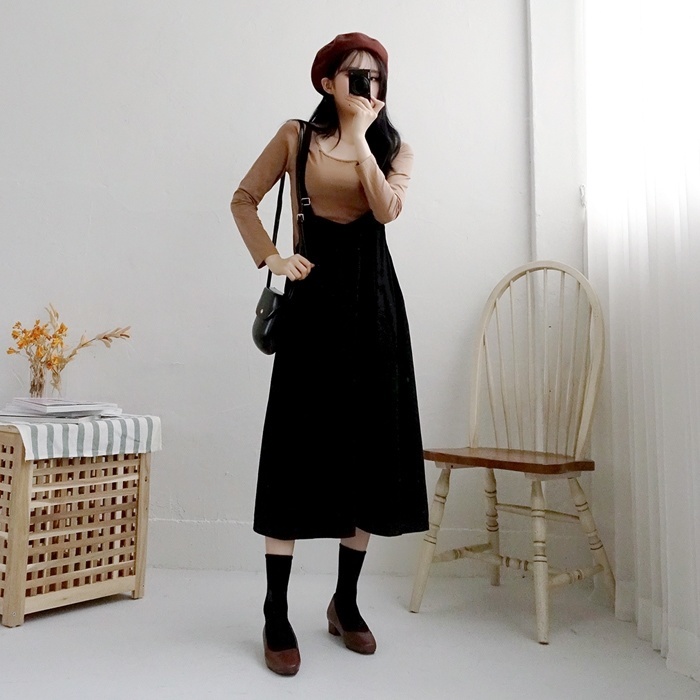 [당일배송특가] 코코 베이직 긴팔티셔츠 멜빵 롱원피스 세트