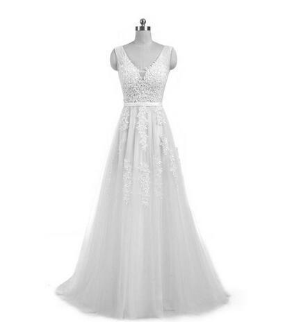 Wedding dress white wedding dress applique zipper A-line dress sweeping train dress lace style