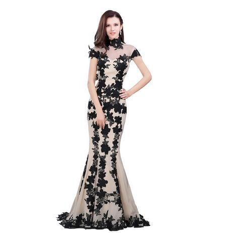Evening dress black short-sleeved mermaid evening dress applique chiffon ball gown sheer dress