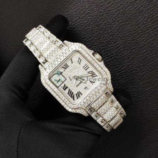 Iced Out Santtos Watch | Fully Automatic,Swiiss Made | Raised Layer Def Vvs Moissanite Studded Stainless Steel,Luxury Watch