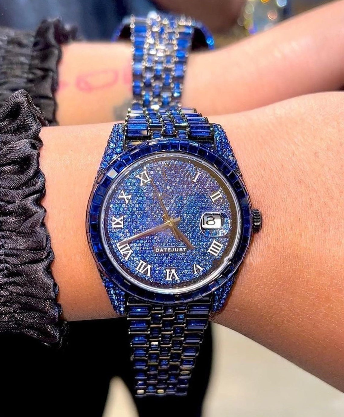 Custom Moissanite Watch Stainless Steel Iced Out Luxury Blue Moissanite Diamond Watch